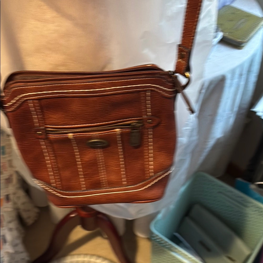b.o.c. Tan Leather Crossbody with White Contrast Stitching